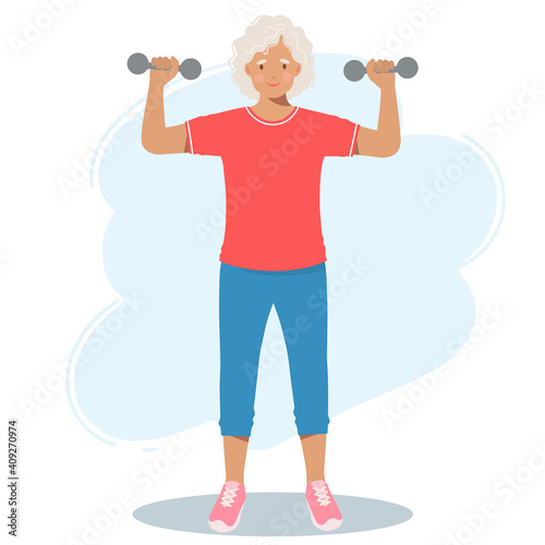 Elderly woman in sports clothes trains with dumbbells. A retired grandmother, a pension and a healthy lifestyle.