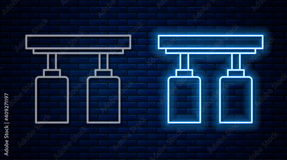 Glowing neon line Led track lights and lamps with spotlights icon isolated on brick wall background. Vector. Glowing neon line Led track lights and lamps with spotlights icon isolated on brick wall background. Vector.