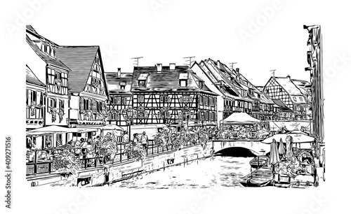 Building view with landmark of Colmar is the
city in France. Hand drawn sketch illustration in vector.