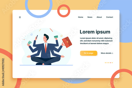 Businessman with many arms. Man holding briefcase, credit card, cash, making zen gesture. Flat vector illustration. Multitasking, efficiency concept for banner, website design or landing web page