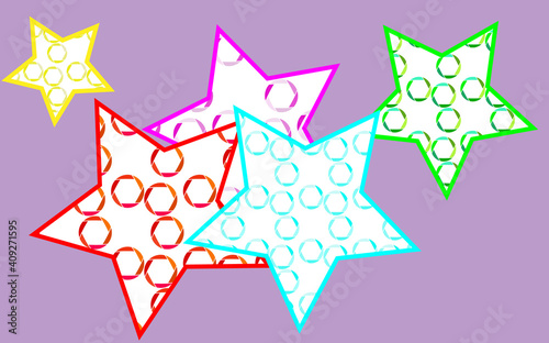 5 multicolored, bright, motley, beautiful stars painted in a pouring from multi-colored, abstract camera diaphragms on a purple background. illustration. photo