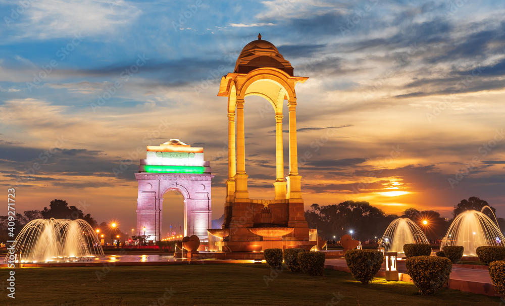 The India Gate and the Canopy in New Delhi, sunset view