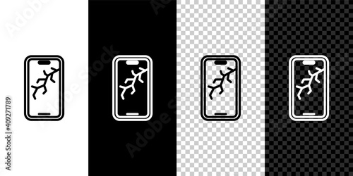 Set line Smartphone with broken screen icon isolated on black and white, transparent background. Shattered phone screen icon. Vector.