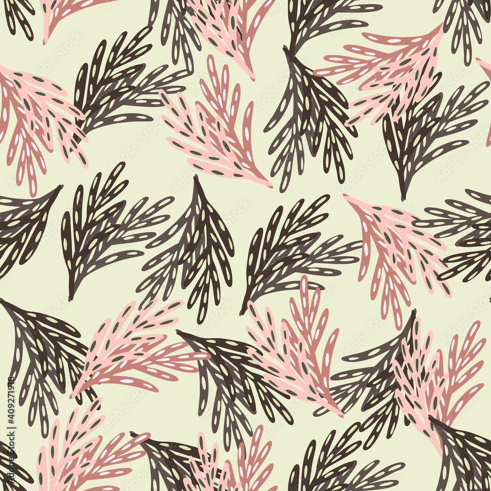 Fototapeta premium Abstract spring foliage seamless pattern with brown and pink colored leaf twigs. Light pastel background.