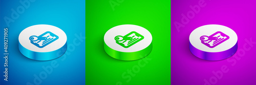 Isometric line Glass screen protector for smartphone icon isolated on blue, green and purple background. Protective film for glass. Transparent soft glass for mobile phone. White circle button. Vector