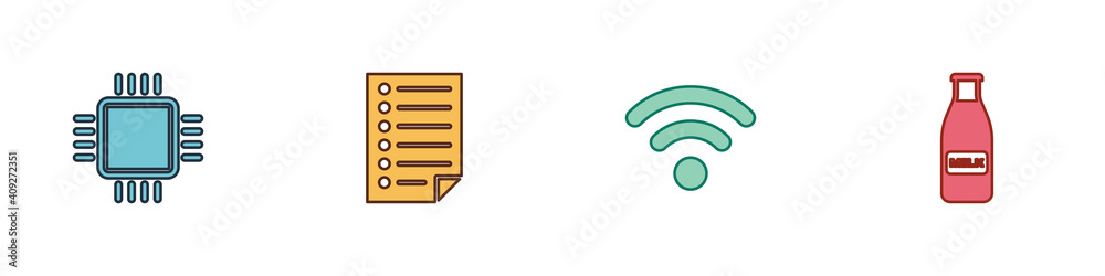 Set Processor with CPU, Document, Wi-Fi wireless network and Glass bottle milk and cap icon. Vector. Set Processor with CPU, Document, Wi-Fi wireless network and Glass bottle milk and cap icon. Vector.