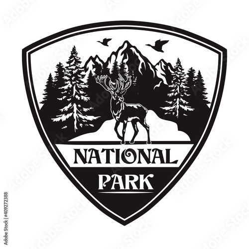 Wildlife protection symbol design. Monochrome element with reindeer or moose in forest, mountain landscape vector illustration with text. National park concept for stamps and emblems templates