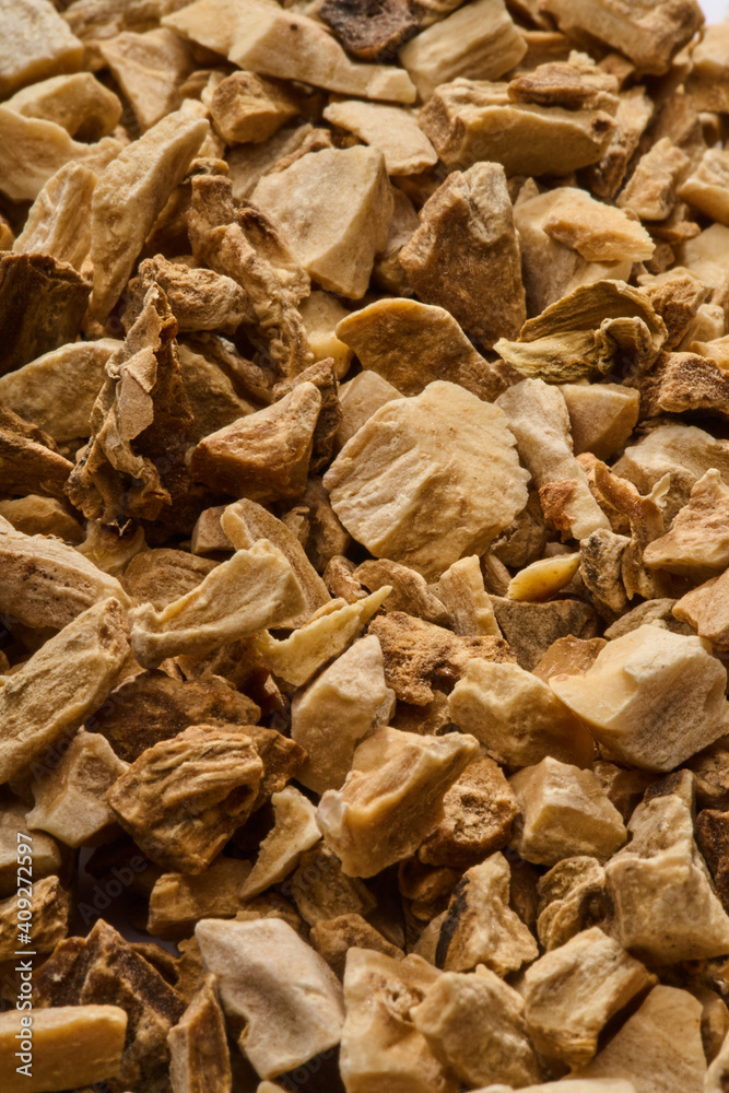 Orris Dried Cut Root Herb - Iris Florentina macro close up Orris Dried Cut Root Herb - Iris Florentina macro close up