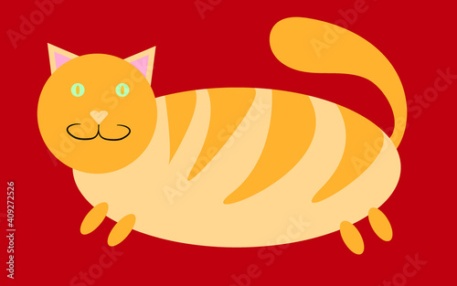Fototapeta Naklejka Na Ścianę i Meble -  Red, fat, fat, striped cat with short paws and a small head with ears sticking up on a red background.  illustration.