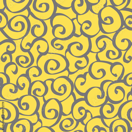 Gray curls on a yellow background. Chaotic, overlapping, smoothly curved abstract stripes. Watercolor beautiful seamless pattern. For printing on fabric, wallpaper, packaging