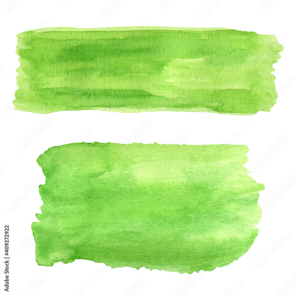 Watercolor green brushstrokes set. Hand painted brush smears isolated on white background. Abstract painted texture.