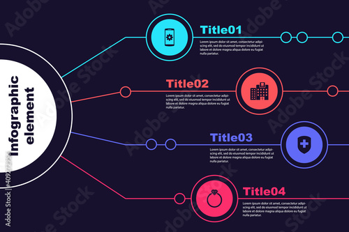 Set Setting on smartphone, Dental clinic, Medical shield with cross and Diamond engagement ring. Business infographic template. Vector.
