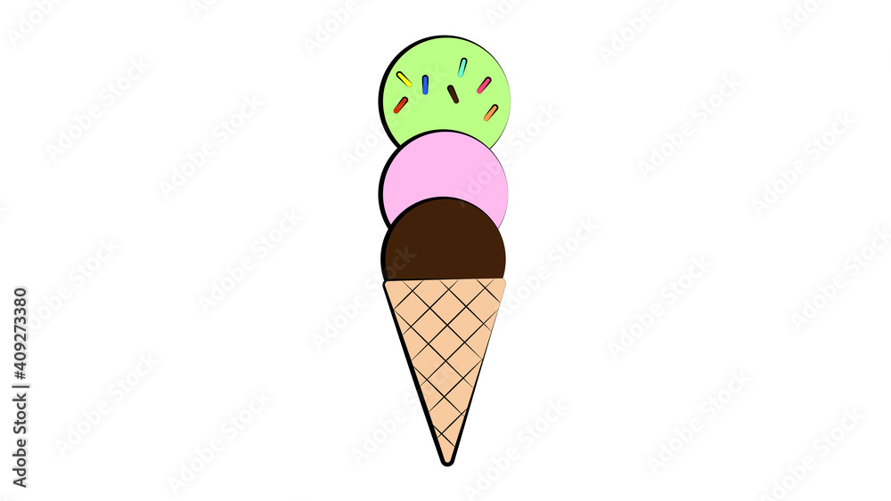 ice cream in balls in a waffle cup on a white background, illustration. an appetizing sweet dessert for children and adults. milk sweetness ice cream in balls in a waffle cup on a white background, illustration. an appetizing sweet dessert for children and adults. milk sweetness