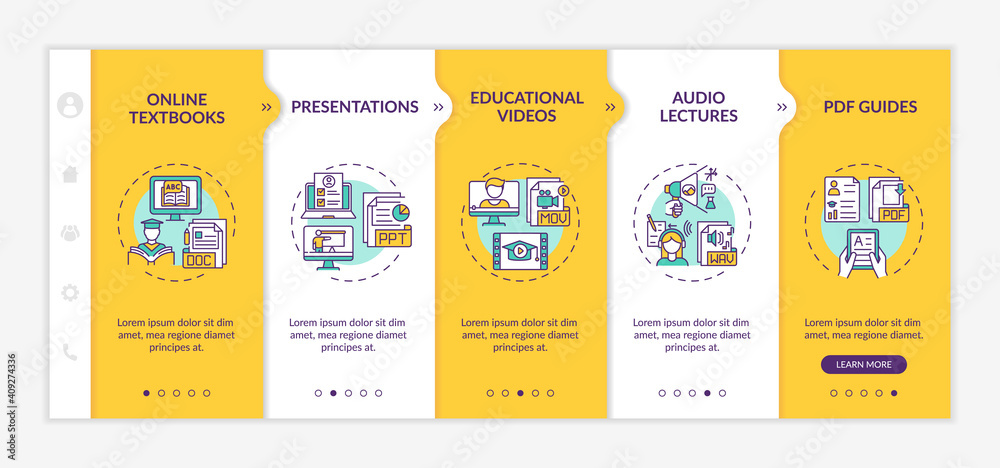 Online teaching digital resources onboarding vector template. Online textbooks and presentations. Responsive mobile website with icons. Webpage walkthrough step screens. RGB color concept Online teaching digital resources onboarding vector template. Online textbooks and presentations. Responsive mobile website with icons. Webpage walkthrough step screens. RGB color concept