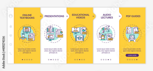 Online teaching digital resources onboarding vector template. Online textbooks and presentations. Responsive mobile website with icons. Webpage walkthrough step screens. RGB color concept