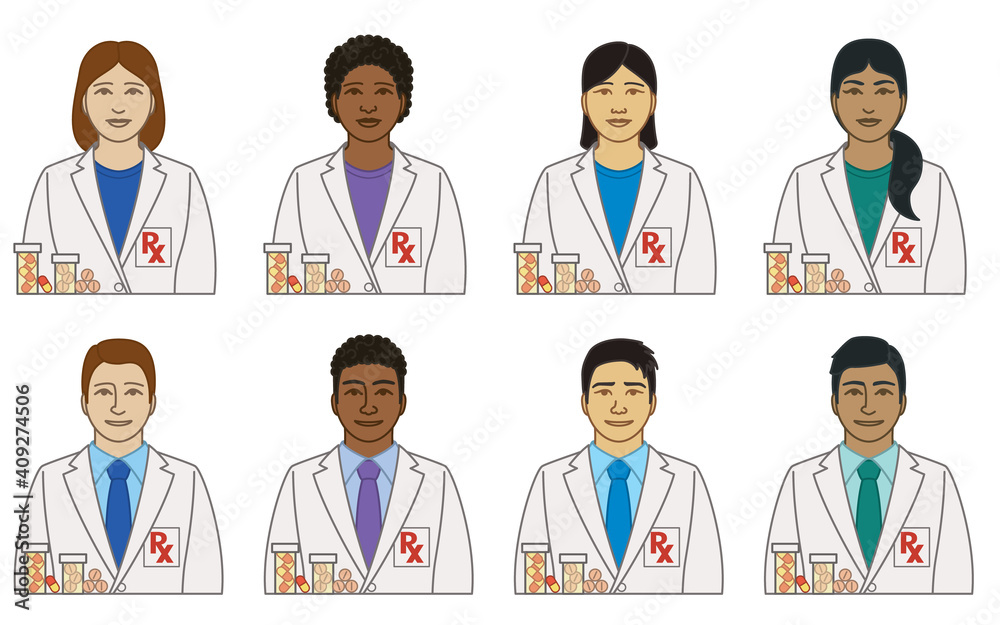 diversity, race, ethnicity of pharmacist vector icons, male and female, with medication, isolated on a white background diversity, race, ethnicity of pharmacist vector icons, male and female, with medication, isolated on a white background