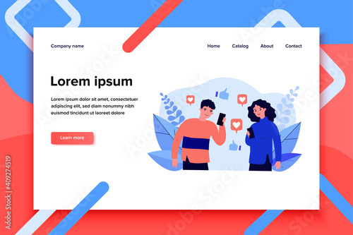 Happy man and woman watching likes in social media. Smartphone, thumb up, internet flat vector illustration. Communication and digital technology concept for banner, website design or landing web page