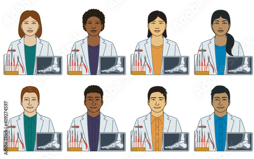 diversity, race, ethnicity of podiatrist vector icons, male and female, with tools and foot x-ray, isolated on a white background 