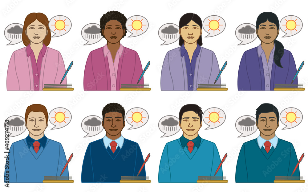 diversity, race, ethnicity of psychologist vector icons, male and female, with notepad, pen and speech bubbles, isolated on a white background diversity, race, ethnicity of psychologist vector icons, male and female, with notepad, pen and speech bubbles, isolated on a white background