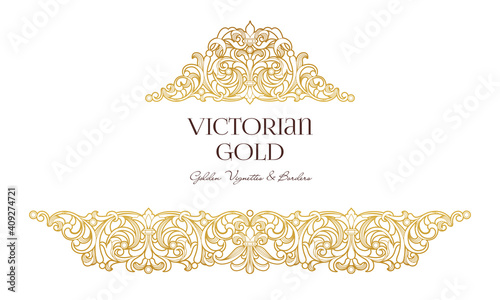 Vector golden element, decoration for design template. Luxury ornament in Victorian style. Premium floral illustration. Ornate decor, frame for invitation, card, thank you message, label, badge, tag.