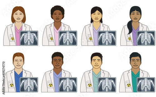 diversity, race, ethnicity of radiographer radiologist vector icons, male and female, with chest x-ray, isolated on a white background 