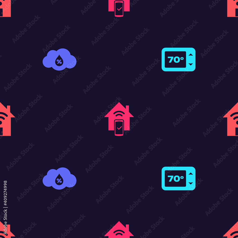 Set Thermostat, Humidity, Smart home remote control system and with wi-fi on seamless pattern. Vector.