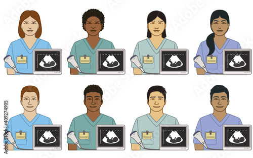 diversity, race, ethnicity of sonographer ultrasound technician vector icons, male and female, with sonogram image of fetus and transducer, isolated on a white background 