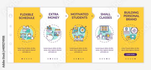 Online tutoring benefits onboarding vector template. Flexible schedule and extra money earning. Responsive mobile website with icons. Webpage walkthrough step screens. RGB color concept