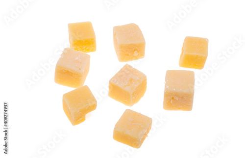 Aged cheese cubes isolated