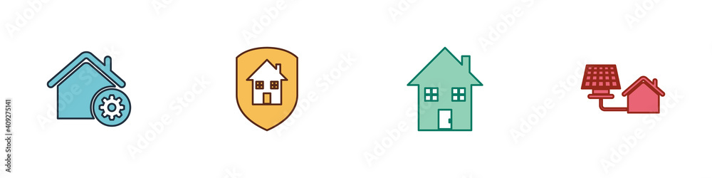 Set Smart home settings, House under protection, and with solar panel icon. Vector. Set Smart home settings, House under protection, and with solar panel icon. Vector.