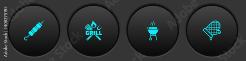 Set Grilled shish kebab, Crossed fork and spatula, Barbecue grilled and Oven glove icon. Vector.