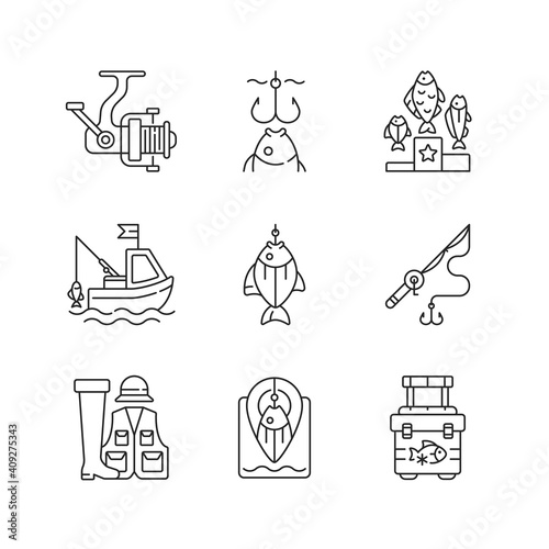 Equipment for fishing linear icons set. Boat fishing. Spinning casting. Fish on hook. Fishing spot. Customizable thin line contour symbols. Isolated vector outline illustrations. Editable stroke