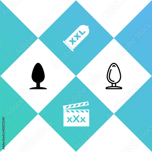 Set Anal plug, Movie clapper with Sex, Condom safe sex and icon. Vector.