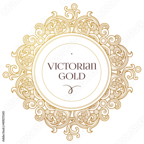 Vector golden element, round frame for design template. Luxury ornament in Victorian style. Premium floral illustration. Ornate decor, border for invitation, card, logo design, label, badge, tag.