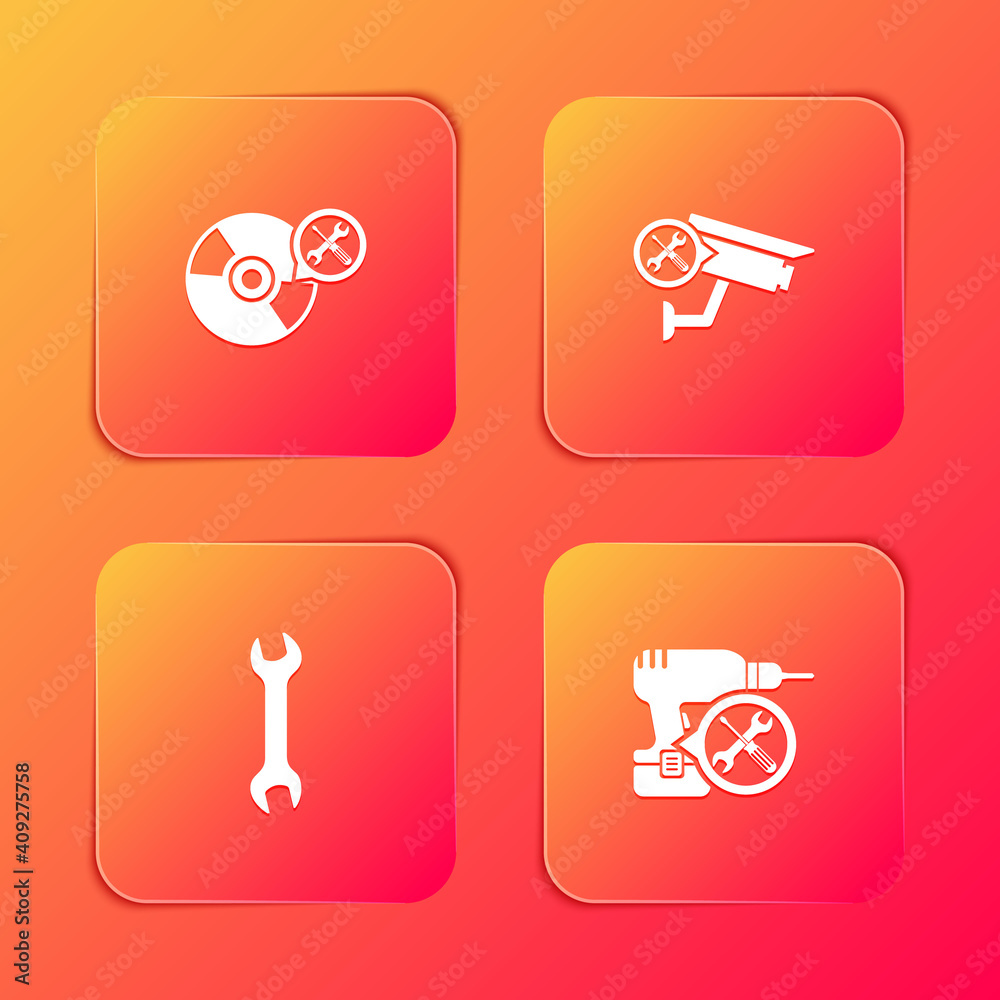 Set CD or DVD disk service, Security camera, Wrench and Drill machine icon. Vector. Set CD or DVD disk service, Security camera, Wrench and Drill machine icon. Vector.