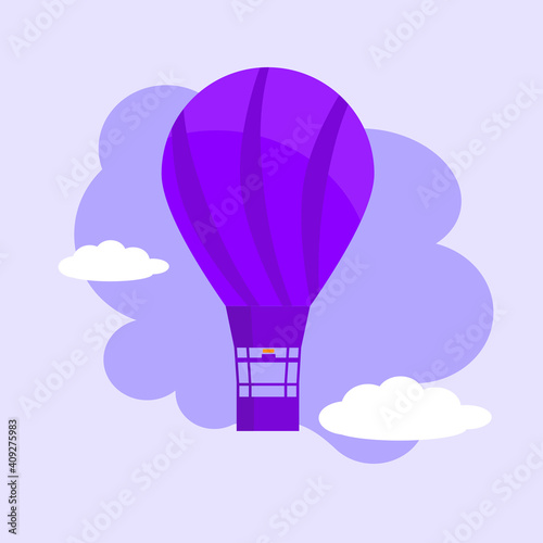 lilac hot air balloon in the sky among the clouds. Vector drawing, flat