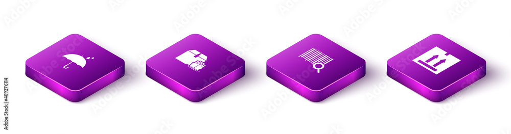 Set Isometric Umbrella and rain drops, Cargo ship with boxes, Search barcode and Cardboard traffic icon. Vector.