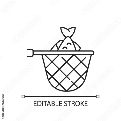 Landing net linear icon. Special fishing equipment. Fishing contest. Fisherman catch fish. Thin line customizable illustration. Contour symbol. Vector isolated outline drawing. Editable stroke