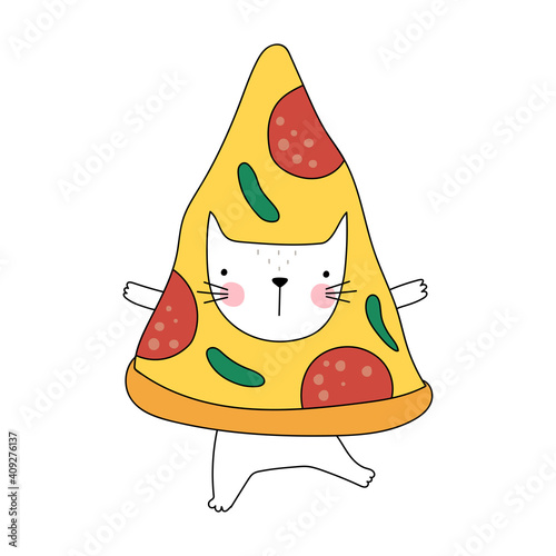 Funny pizza cat. Cute cartoon cat in costume of pizza. Italian food. Vector illustration. Isolated object on white background. Good for posters, t shirts, postcards.