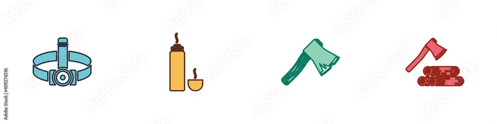 Set Head flashlight, Thermos container, Old wooden axe and Wooden and icon. Vector. Set Head flashlight, Thermos container, Old wooden axe and Wooden and icon. Vector.