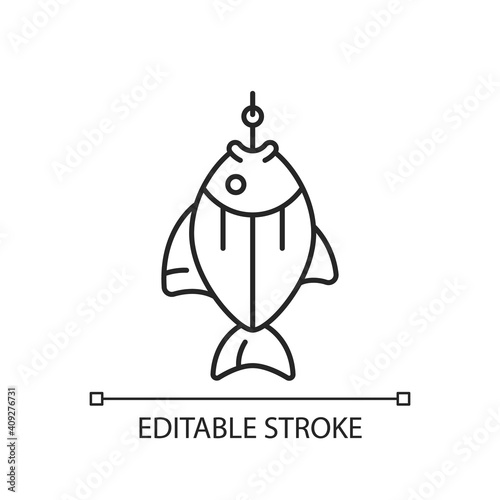 Fish on hook linear icon. Fishing tournament. Anglers trophy. Sea food restoration. Active rest. Thin line customizable illustration. Contour symbol. Vector isolated outline drawing. Editable stroke