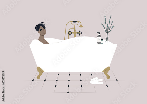 A young male Black character taking a relaxing bath with soap foam, a claw foot vintage tub
