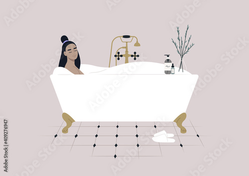 A young female character taking a relaxing bath with soap foam, a claw foot vintage tub