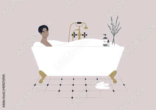 A young male character taking a relaxing bath with soap foam, a claw foot vintage tub