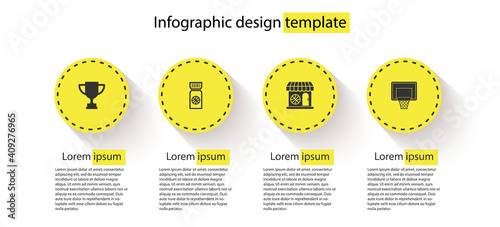 Set Award cup, Basketball game ticket, Sports shop and basketball and backboard. Business infographic template. Vector.