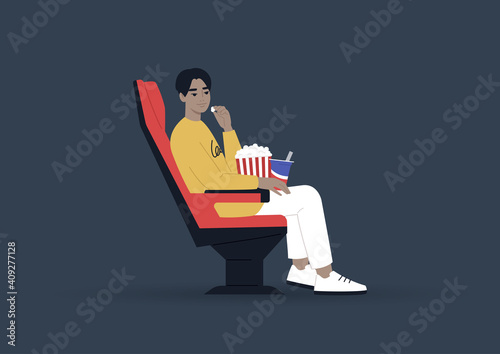 Young male Asian character eating snacks and watching a movie at the cinema, entertainment concept