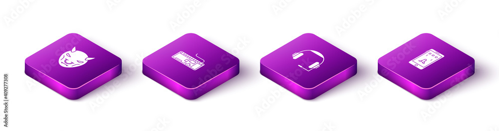 Set Isometric Mask of the devil with horns, Computer keyboard, Headphones and Mobile and playing in game icon. Vector. Set Isometric Mask of the devil with horns, Computer keyboard, Headphones and Mobile and playing in game icon. Vector.