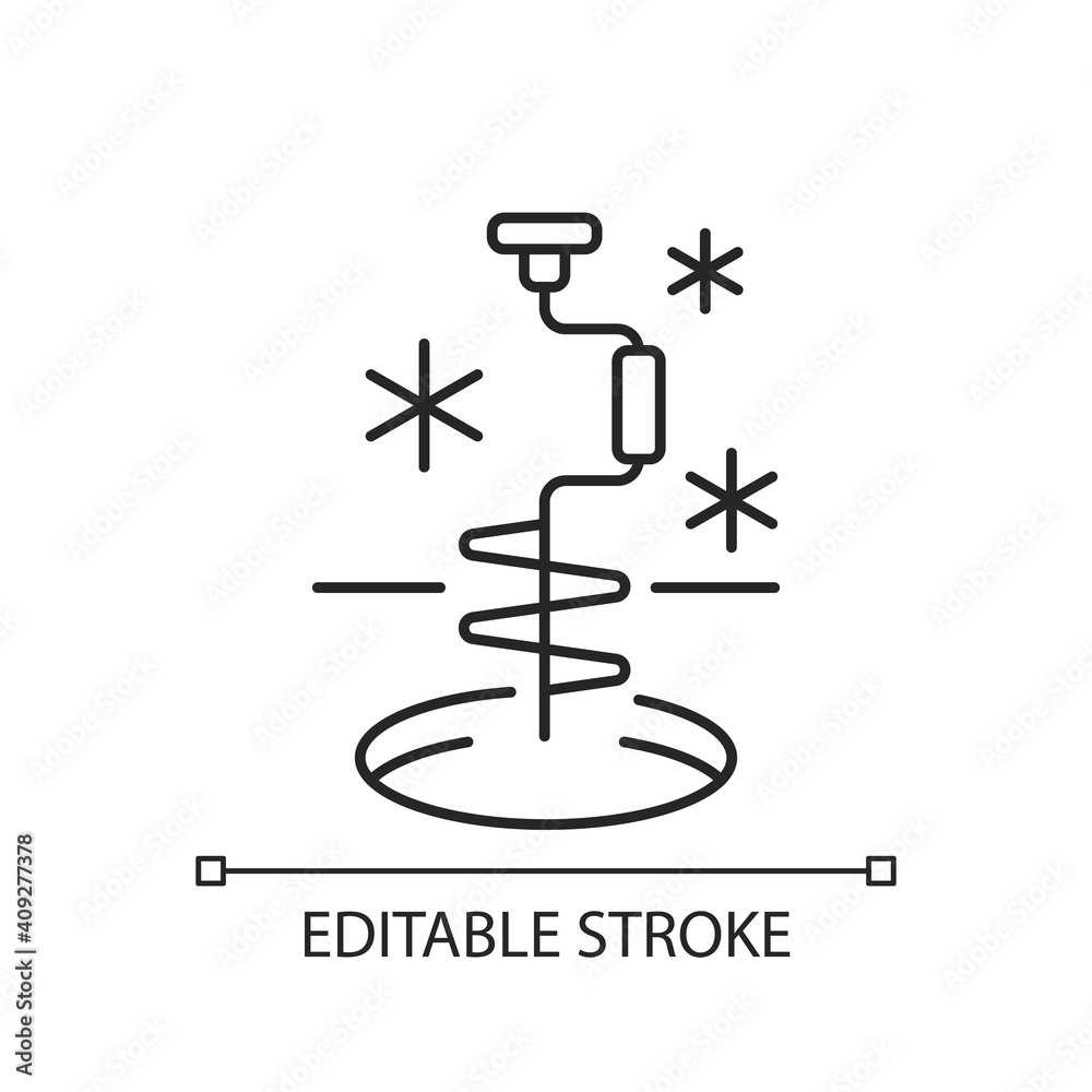 Ice fishing linear icon. Drill hole gear. Active rest. Fishers equipment. Winter sports. Thin line customizable illustration. Contour symbol. Vector isolated outline drawing. Editable stroke Ice fishing linear icon. Drill hole gear. Active rest. Fishers equipment. Winter sports. Thin line customizable illustration. Contour symbol. Vector isolated outline drawing. Editable stroke