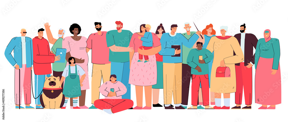 Big diverse family members. Crowd of multicultural people of different ages and races standing together. Vector illustration for multinational public, multiracial community members or society concept