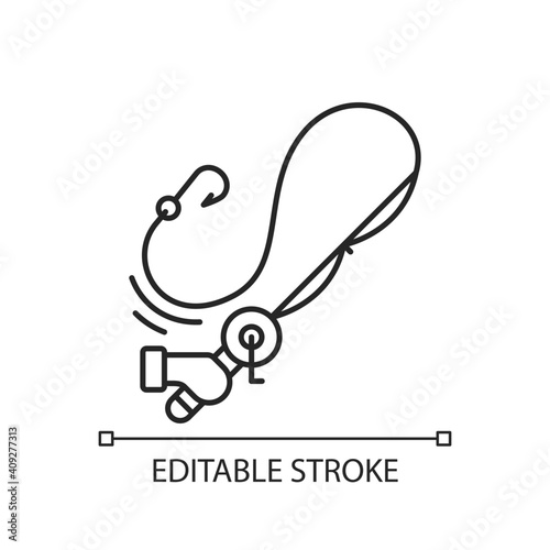 Casting the rod linear icon. Carbon matherial. Fishing tournament. Throwing spinning machinery. Thin line customizable illustration. Contour symbol. Vector isolated outline drawing. Editable stroke